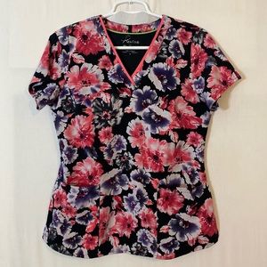 Healing Hands Small V-Neck Multicolor Floral Scrub Top